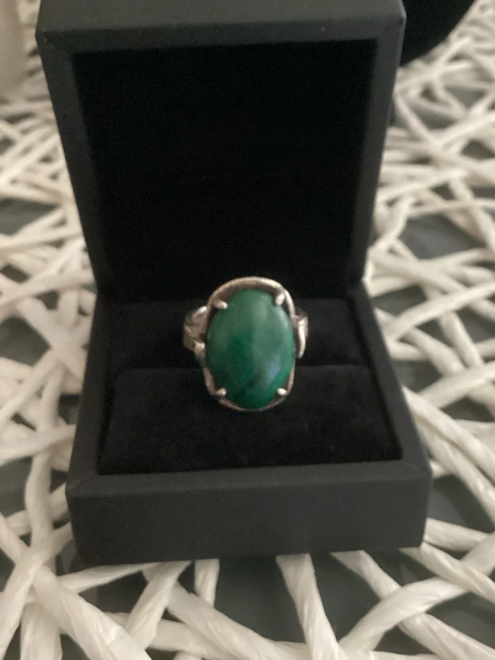 Green Malachite Oval Statement Ring in Sterling Silver Bezel Setting.